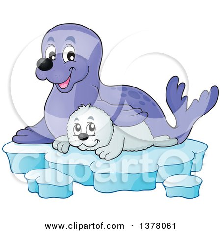 Clipart of a Happy Seal and Pup Sitting on Ice - Royalty Free Vector Illustration by visekart