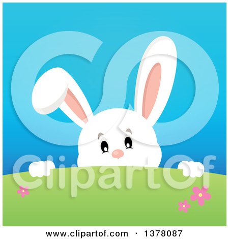 Clipart of a Happy White Bunny Rabbit Peeking over a Green and Blue Background - Royalty Free Vector Illustration by visekart