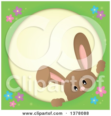 Clipart of a Happy Brown Bunny Rabbit Peeking Through a Round Frame - Royalty Free Vector Illustration by visekart