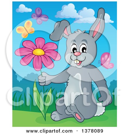 Clipart of a Happy Gray Bunny Rabbit Holding a Flower, Surrounded by Butterflies - Royalty Free Vector Illustration by visekart