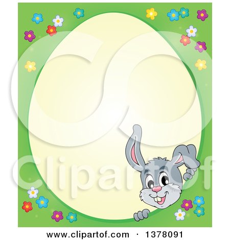 Clipart of a Happy Gray Bunny Rabbit Peeking Through an Easter Egg Shaped Frame - Royalty Free Vector Illustration by visekart