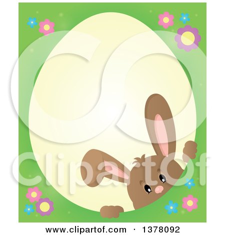Clipart of a Happy Brown Bunny Rabbit Peeking Through an Egg Shaped Frame - Royalty Free Vector Illustration by visekart