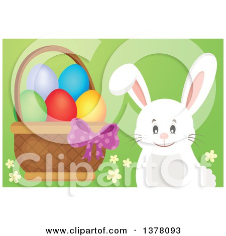Clipart of a Happy White Bunny Rabbit by a Basket of Easter Eggs - Royalty Free Vector Illustration by visekart
