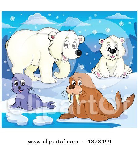 Clipart of a Happy Seal Pup, Walrus and Polar Bears in the Snow - Royalty Free Vector Illustration by visekart