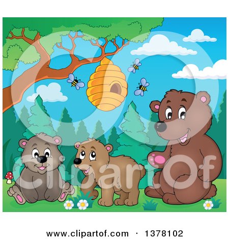 Clipart of a Group of Brown Bears Under a Bee Hive - Royalty Free Vector Illustration by visekart