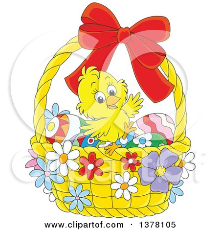 Clipart of a Happy Yellow Chick in a Basket of Easter Eggs and Flowers - Royalty Free Vector Illustration by Alex Bannykh
