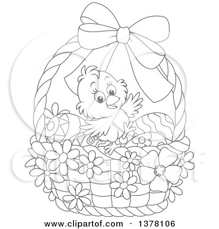 Clipart of a Black and White Happy Chick in a Basket of Easter Eggs and Flowers - Royalty Free Vector Illustration by Alex Bannykh