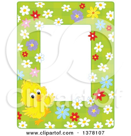 Clipart of a Vertical Border Frame of a Cute Yellow Chick with Flowers on Green Around Text Space - Royalty Free Vector Illustration by Alex Bannykh