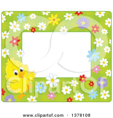 Clipart of a Horizontal Border Frame of a Cute Yellow Chick with Flowers on Green Around Text Space - Royalty Free Vector Illustration by Alex Bannykh