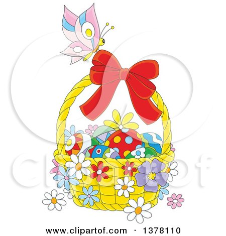 Clipart of a Butterfly on a Basket of Easter Eggs and Flowers - Royalty Free Vector Illustration by Alex Bannykh