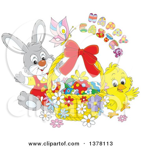 Clipart of a Happy Easter Greeting over a Butterfly, Bunny Rabbit and Chick with a Basket of Eggs - Royalty Free Vector Illustration by Alex Bannykh