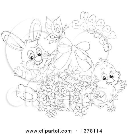 Clipart of a Black and White Happy Easter Greeting over a Butterfly, Bunny Rabbit and Chick with a Basket of Eggs - Royalty Free Vector Illustration by Alex Bannykh