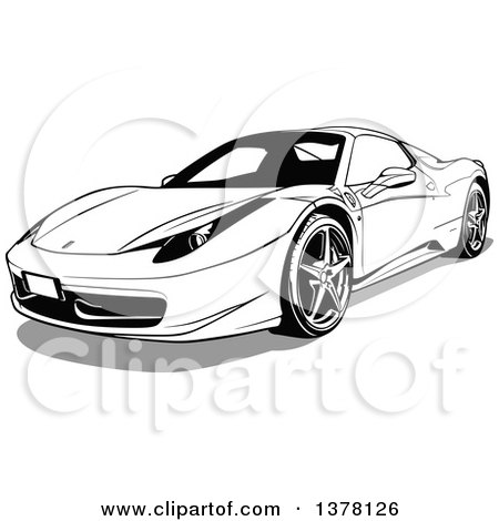 Clipart of a Black and White Sports Car and Shadow - Royalty Free Vector Illustration by dero