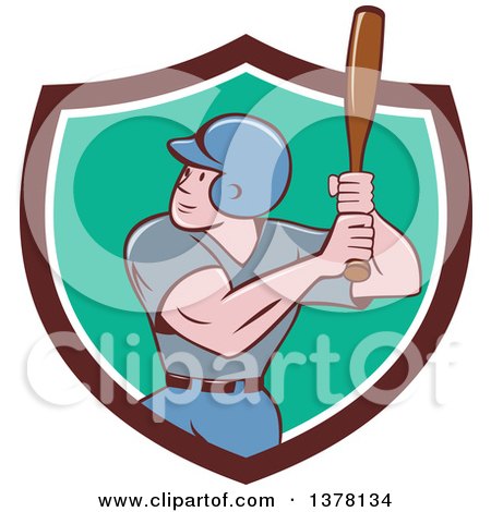Clipart of a Retro Cartoon White Male Baseball Player Athlete Batting in a Brown White and Turquoise Shield - Royalty Free Vector Illustration by patrimonio