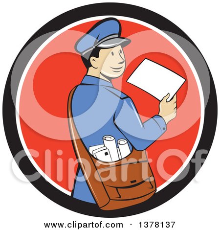 Clipart of a Retro Cartoon Happy Mail Man Holding an Envelope and Looking Back over His Shoulder in a Black White and Red Circle - Royalty Free Vector Illustration by patrimonio