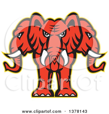 Clipart of a Retro Red Three Headed Elephant with a Yellow Outline - Royalty Free Vector Illustration by patrimonio