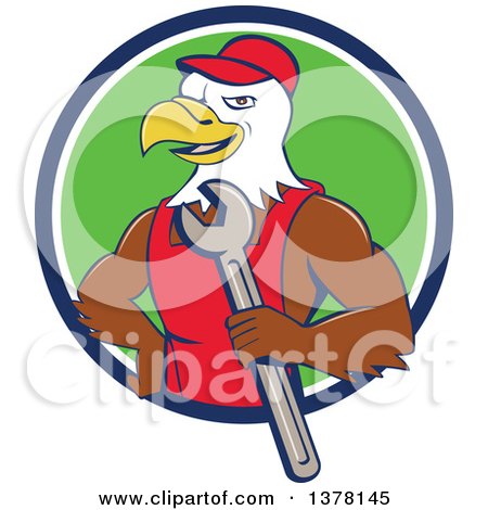 Clipart of a Cartoon Bald Eagle Mechanic Man Holding a Wrench, Emerging from a Blue White and Green Circle - Royalty Free Vector Illustration by patrimonio