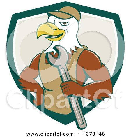 Clipart of a Cartoon Bald Eagle Mechanic Man Holding a Wrench, Emerging from a Green White and Tan Shield - Royalty Free Vector Illustration by patrimonio