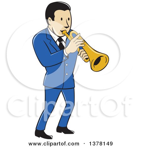 Clipart of a Retro Cartoon Male Musician Playing a Trumpet and Wearing a Blue Suit - Royalty Free Vector Illustration by patrimonio