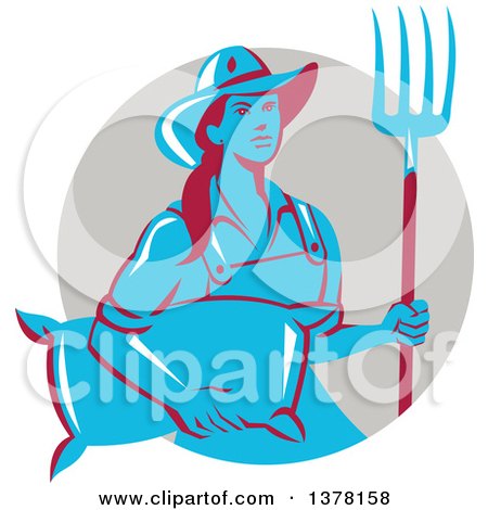 Clipart of a Retro Blue and Red Female Farmer Carrying a Sack and a Pitchfork in a Taupe Circle - Royalty Free Vector Illustration by patrimonio