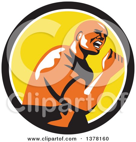 Clipart of a Retro Excited Man Doing a Fist Pump in a Black White and Yellow Circle - Royalty Free Vector Illustration by patrimonio