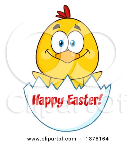 Clipart of a Yellow Chick in an Egg Shell with Happy Easter Text - Royalty Free Vector Illustration by Hit Toon