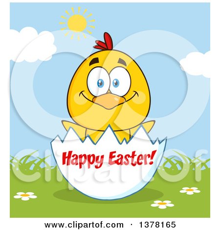 Clipart of a Yellow Chick in an Egg Shell over Happy Easter Text on a Sunny Day - Royalty Free Vector Illustration by Hit Toon