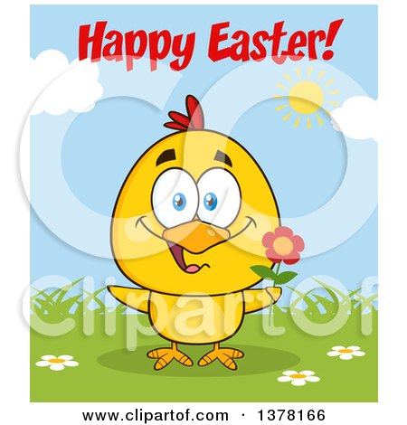 Clipart of a Yellow Chick Holding a Flower Under Happy Easter Text on a Sunny Day - Royalty Free Vector Illustration by Hit Toon