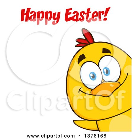 Clipart of a Yellow Chick Peeking Around a Corner and Saying Happy Easter - Royalty Free Vector Illustration by Hit Toon