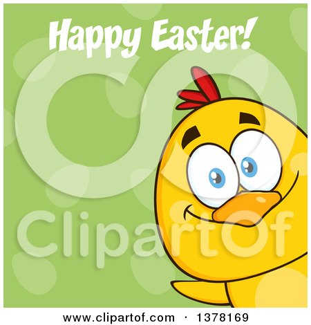 Clipart of a Yellow Chick Peeking Around a Corner and Saying Happy Easter over a Green Egg Pattern - Royalty Free Vector Illustration by Hit Toon