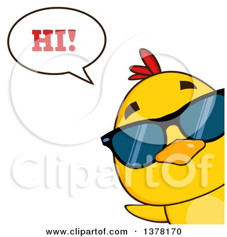 Clipart of a Yellow Chick Wearing Sunglasses, Peeking Around a Corner and Saying Hi - Royalty Free Vector Illustration by Hit Toon