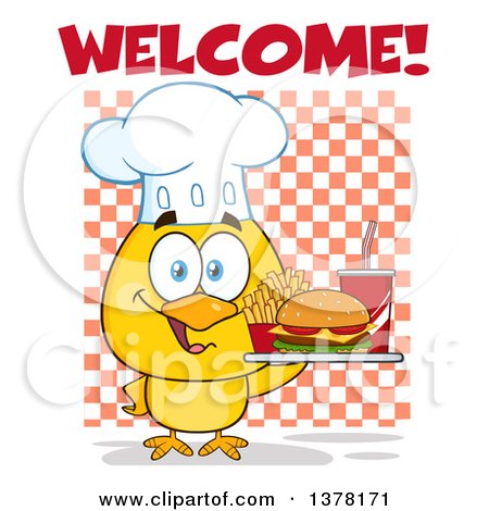 Clipart of a Yellow Chef Chick Holding a Tray with Fast Food Under Welcome Text over Checkers - Royalty Free Vector Illustration by Hit Toon