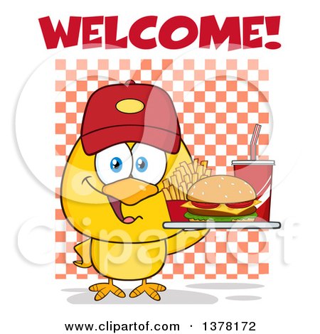 Clipart of a Yellow Chick Wearing a Baseball Cap and Holding a Tray of Fast Food Under Welcome Text on Checkers - Royalty Free Vector Illustration by Hit Toon