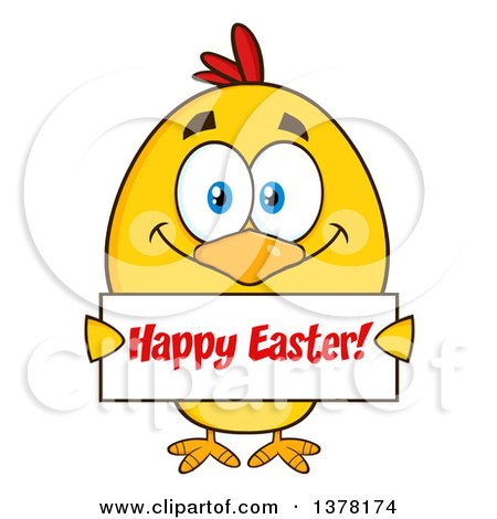 Clipart of a Yellow Chick Holding a Happy Easter Sign - Royalty Free Vector Illustration by Hit Toon