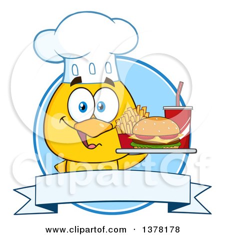 Clipart of a Yellow Chef Chick Holding a Tray with Fast Food over a Blue Label - Royalty Free Vector Illustration by Hit Toon