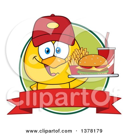 Clipart of a Yellow Chick Wearing a Baseball Cap and Holding a Tray of Fast Food in a Red and Green Label - Royalty Free Vector Illustration by Hit Toon