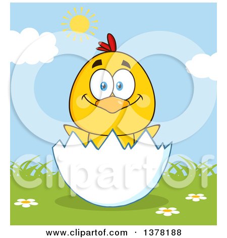 Clipart of a Yellow Chick in an Egg Shell on a Sunny Day - Royalty Free Vector Illustration by Hit Toon