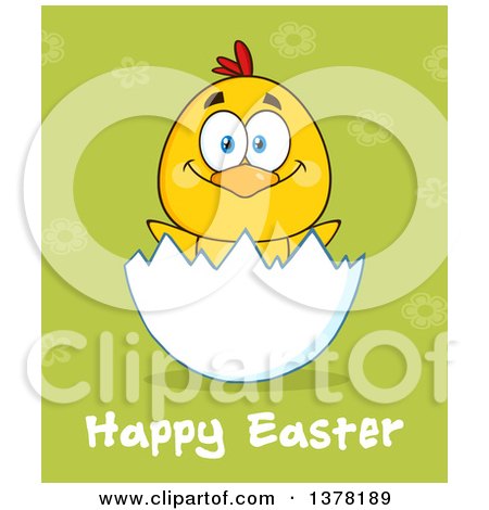 Clipart of a Yellow Chick in an Egg Shell over Happy Easter Text on Green - Royalty Free Vector Illustration by Hit Toon