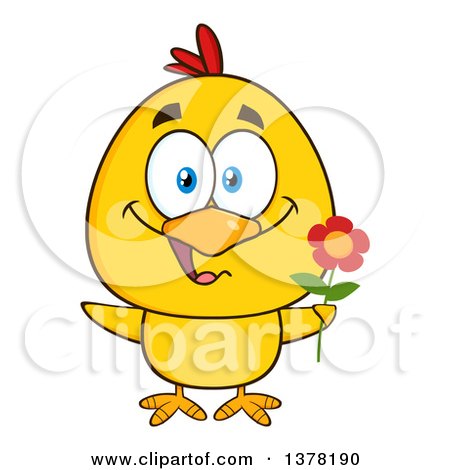 Clipart of a Yellow Chick Holding a Flower - Royalty Free Vector Illustration by Hit Toon