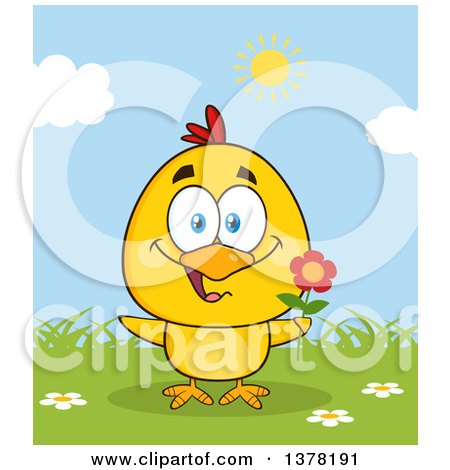 Clipart of a Yellow Chick Holding a Flower on a Sunny Day - Royalty Free Vector Illustration by Hit Toon