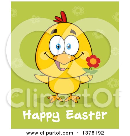 Clipart of a Yellow Chick Holding a Flower Under Happy Easter Text over a Green Pattern - Royalty Free Vector Illustration by Hit Toon