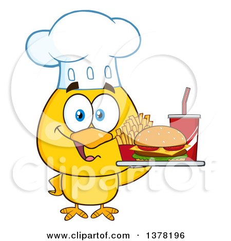 Clipart of a Yellow Chef Chick Holding a Tray with Fast Food - Royalty Free Vector Illustration by Hit Toon