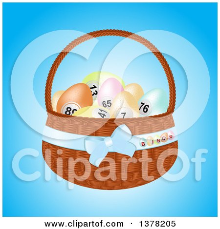 Clipart of a 3d Basket of Pastel Bingo Easter Eggs over Blue - Royalty Free Vector Illustration by elaineitalia