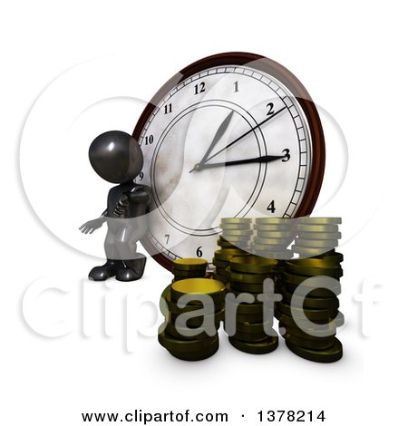 Clipart of a 3d Black Man Checking His Watch and Leaning Against a Clock by Coins, on a White Background - Royalty Free Illustration by KJ Pargeter