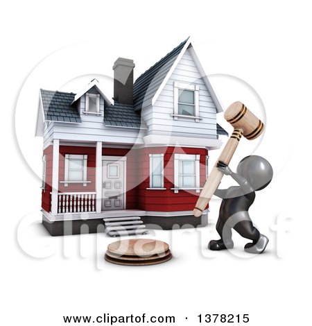 Clipart of a 3d Black Man Auctioneer Banging a Gavel in Front of a Home, on a White Background - Royalty Free Illustration by KJ Pargeter
