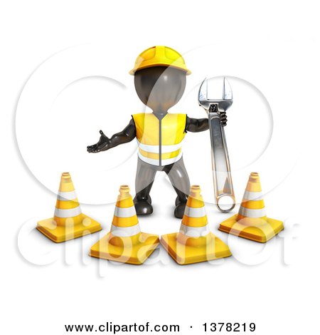 Clipart of a 3d Black Man Construction Worker Holding a Wrench and Standing Behind Cones, on a White Background - Royalty Free Illustration by KJ Pargeter