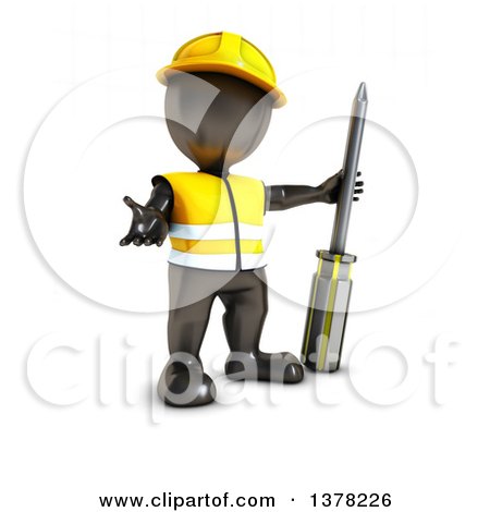 Clipart of a 3d Black Man Construction Worker Shrugging and Standing with a Screwdriver, on a White Background - Royalty Free Illustration by KJ Pargeter
