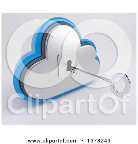 Clipart of a 3d Silver and Blue Cloud Drive Icon with a Key and Hole, on off White - Royalty Free Illustration by KJ Pargeter