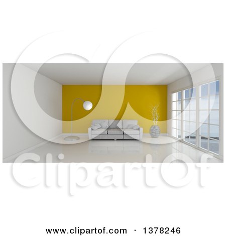 Clipart of a 3d White Room Interior with Floor to Ceiling Windows, a Yellow Feature Wall and Furniture - Royalty Free Illustration by KJ Pargeter