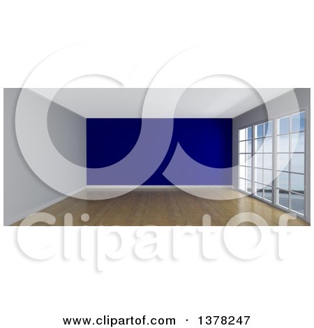 Clipart of a 3d Empty Room Interior with Floor to Ceiling Windows, Wooden Flooring, and a Purple Feature Wall - Royalty Free Illustration by KJ Pargeter